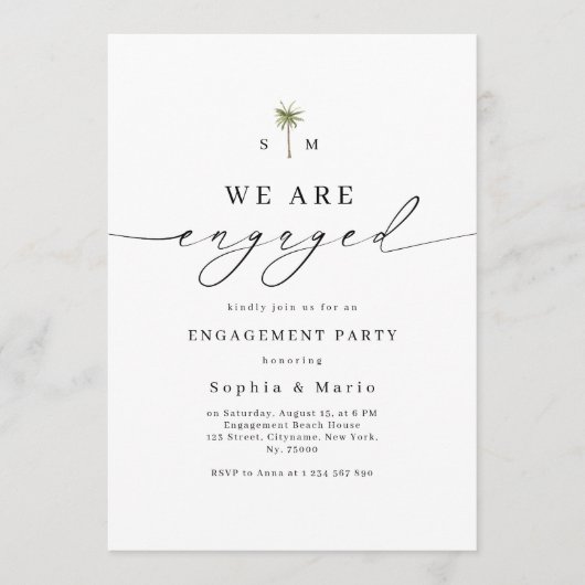 Palm Tree Monogram Photo Beach Engagement Party 招待状 (正面)