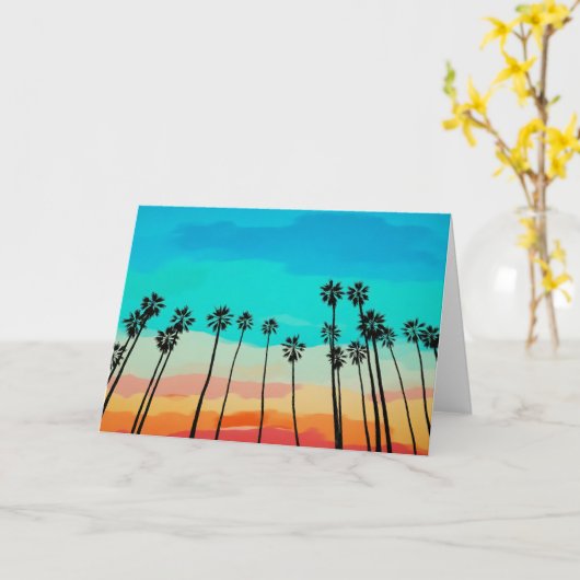 Palm Tree Rainbow Sunset Watercolor カード (黄色い花)