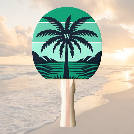 Palm Tree Silhouette Black Striped Green Monogram 卓球ラケット