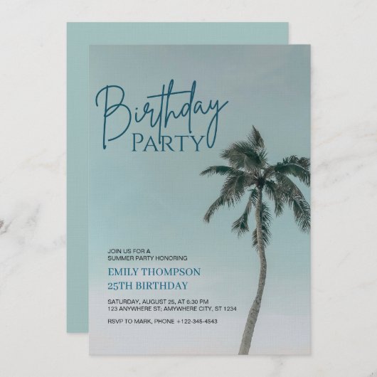 Palm Tree Tropical Beach Birthday Party  招待状 (正面/裏面)