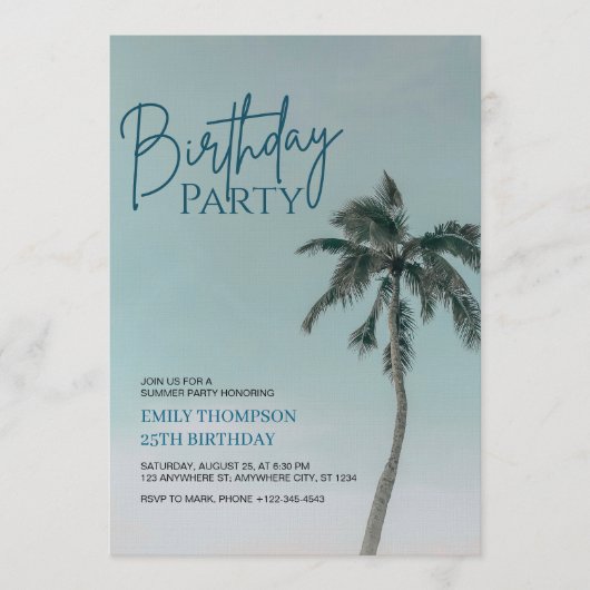 Palm Tree Tropical Beach Birthday Party  招待状 (正面)