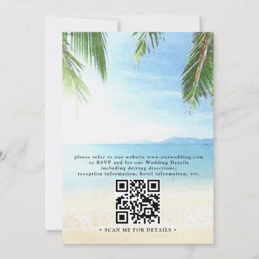 Palm Tree Tropical Island Beach QR Code Wedding 招待状 (裏面)