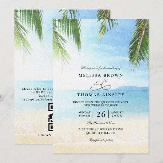 Palm Tree Tropical Island Beach QR Code Wedding 招待状 (正面/裏面)