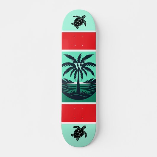 Palm Tree Turtle Silhouette Red Green Initial スケートボード (正面)