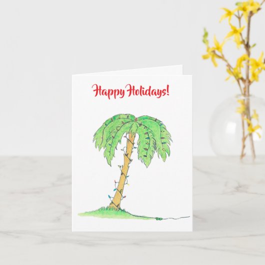 Palm Tree with Holiday Lights "Happy Holidays" カード (黄色い花)