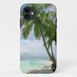 Palm Trees，あなたの写真，名前ティール（緑がかった色）スクリプト iPhone 11 ケース