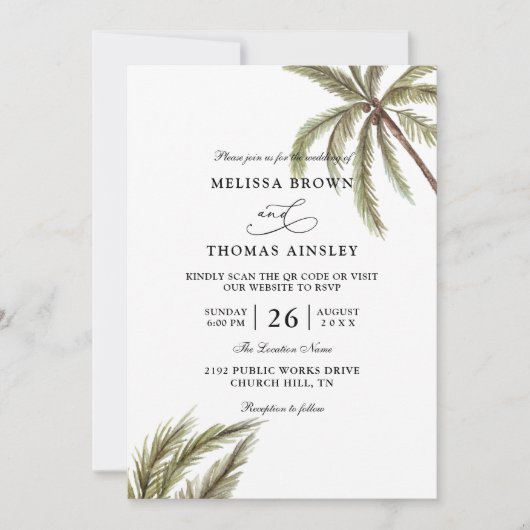 Palm Trees Boho Tropical Budget QR Code Wedding 招待状 (正面)