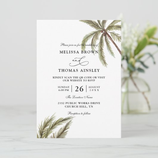 Palm Trees Boho Tropical Budget QR Code Wedding 招待状 (スタンド正面)