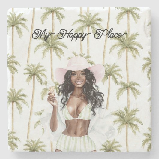 Palm Trees Happy Place Black Lady Bathing Suit ストーンコースター (正面)