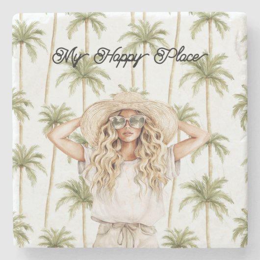 Palm Trees Happy Place Blond Lady Hat ストーンコースター (正面)