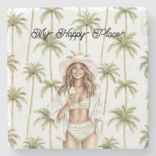 Palm Trees Happy Place Brown Hair Bathing Suit ストーンコースター (正面)