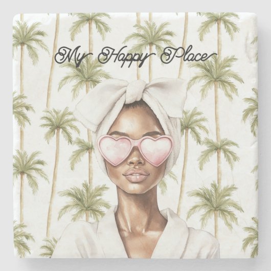 Palm Trees Happy Place Heart Glasses Black Lady ストーンコースター (正面)