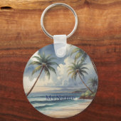 Palm Trees Hawaiian Travel Blue Sea Add Name キーホルダー (正面)