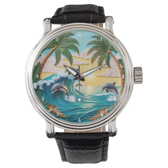 Palm Trees, Jumping Dolphins, and Ocean Sunset 腕時計 (正面)