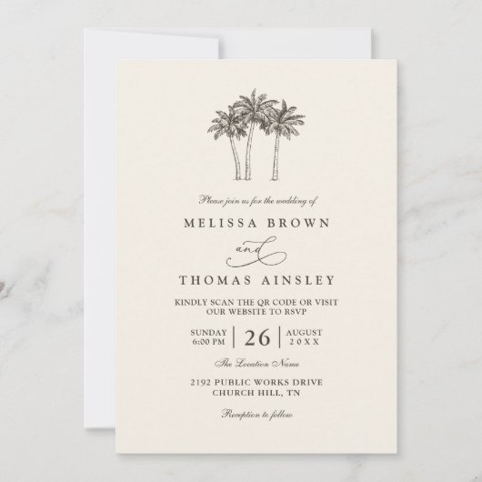 Palm Trees Minimalist Destination QR Code Wedding 招待状 (正面)