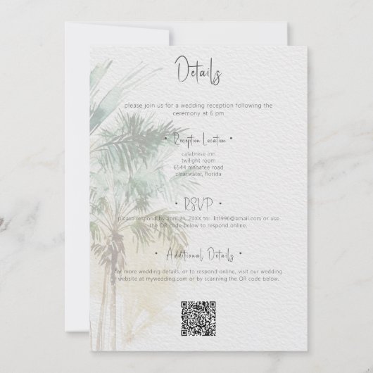 Palm Trees Modern On the Beach Wedding Two Sided 招待状 (裏面)