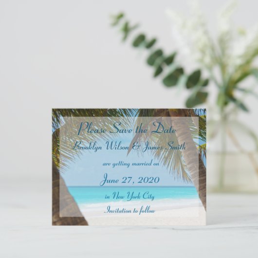 Palm Trees Onビーチ結婚式日付はがきを保存 案内ポストカード (スタンド正面)
