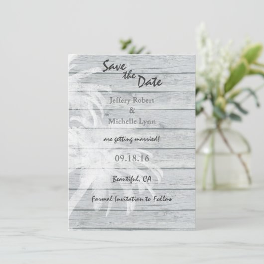 Palm Trees on Woodビーチ結婚式日付の保存 招待状 (スタンド正面)