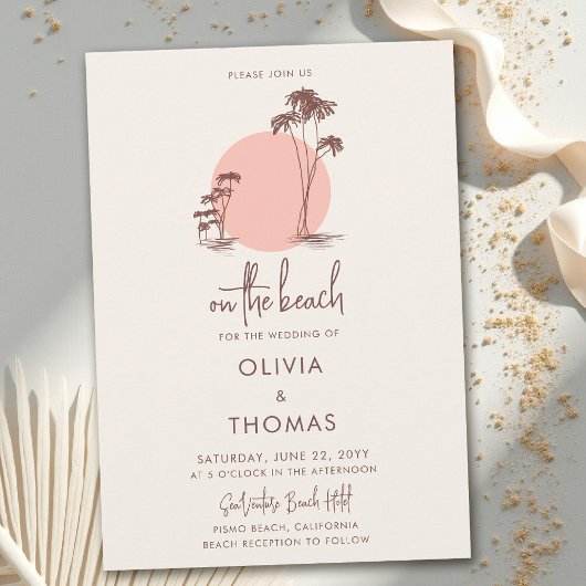 Palm Trees Pink Sun Light Sand Beach Wedding 招待状