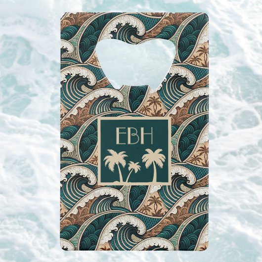 Palm Trees Polynesian Waves Vintage Beach Monogram クレジットカード栓抜き