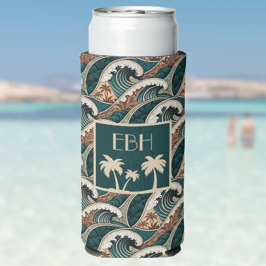 Palm Trees Polynesian Waves Vintage Beach Monogram スリム缶クーラー