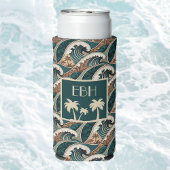Palm Trees Polynesian Waves Vintage Beach Monogram スリム缶クーラー