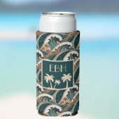 Palm Trees Polynesian Waves Vintage Beach Monogram スリム缶クーラー