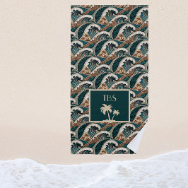 Palm Trees Polynesian Waves Vintage Beach Monogram ビーチタオル