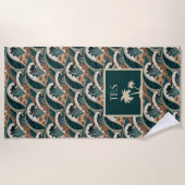 Palm Trees Polynesian Waves Vintage Beach Monogram ビーチタオル (正面)