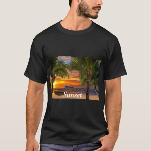 Palm Trees Sea Sunset Hammock Beach Shore Ship Tシャツ (正面)