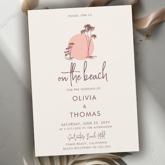 Palm Trees Sun Pink Cream Sand Beach Wedding 招待状