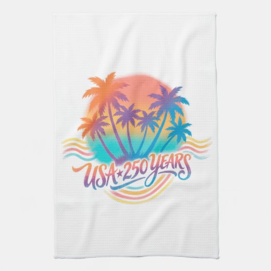 Palm Trees USA 250 Years Patriotic Desert Sunrise キッチンタオル (縦)