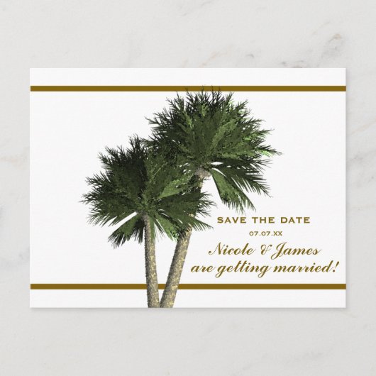 Palm Trees White & エレガント金ゴールドSave The Date Card 案内ポストカード (正面)