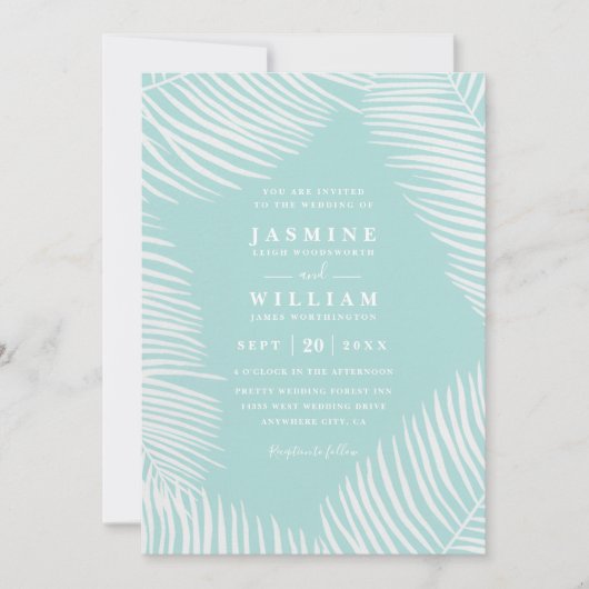 Palm Tropical Beach Elegant Chic QR Code Wedding 招待状 (正面)