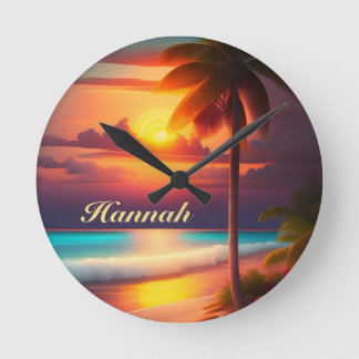 Palme am Strand bei Sonnenuntergang ラウンド壁時計
