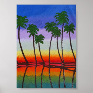 Palmeras al atardecer y su reflejo ポスター