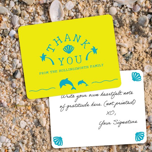 Palms & Dolphins Yellow & Teal Personalized サンキューカード
