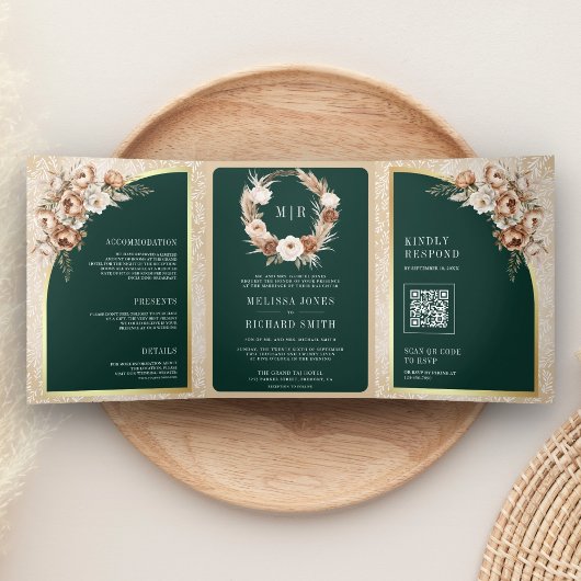 Pampas Beige Earthy Floral Emerald Green Wedding 三つ折り招待状