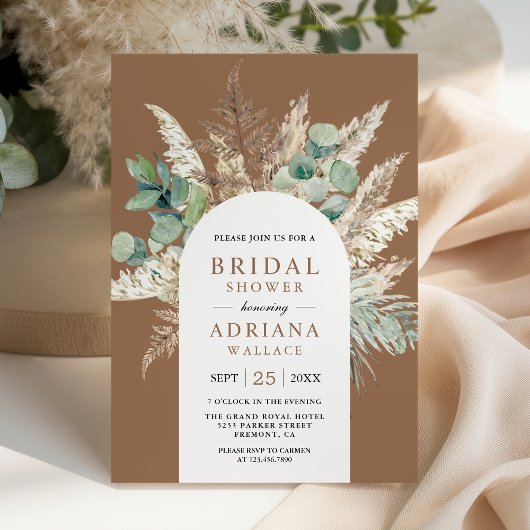 Pampas Eucalyptus Arch Beige Tan Bridal Shower 招待状
