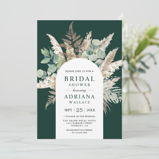 Pampas Eucalyptus Arch Emerald Green Bridal Shower 招待状 (スタンド正面)