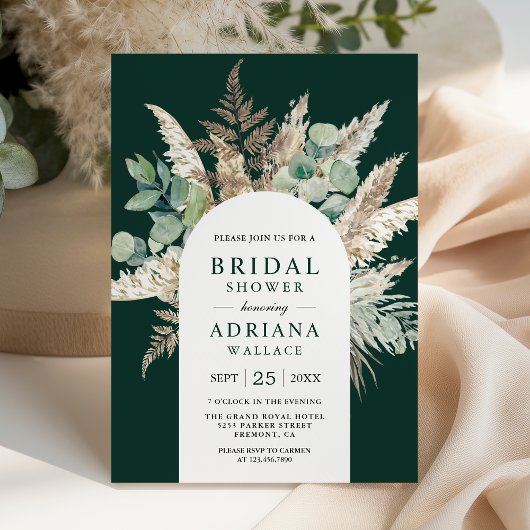 Pampas Eucalyptus Arch Emerald Green Bridal Shower 招待状