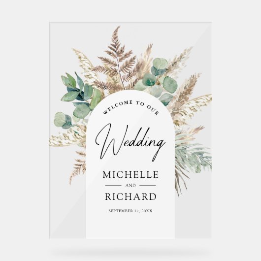 Pampas Eucalyptus Arch Wedding Welcome アクリルサイン (正面)