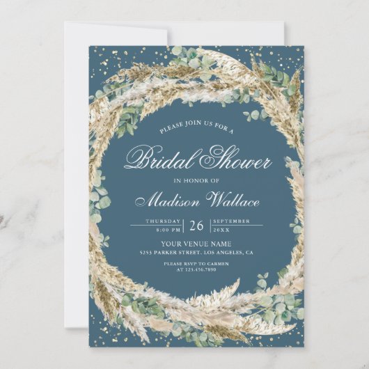 Pampas Eucalyptus Wreath Dusty Blue Bridal Shower 招待状 (正面)