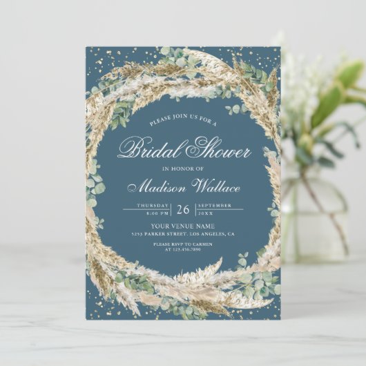 Pampas Eucalyptus Wreath Dusty Blue Bridal Shower 招待状 (スタンド正面)