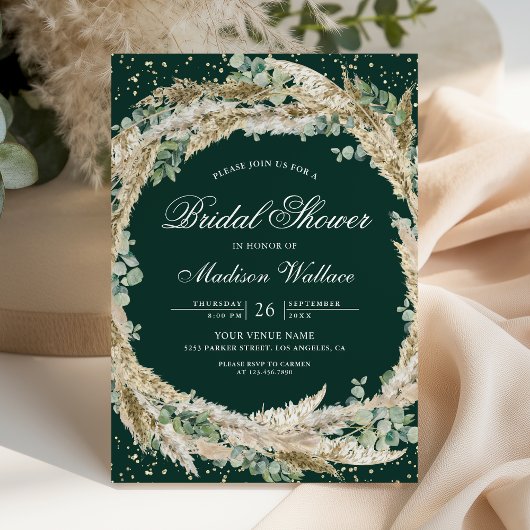 Pampas Eucalyptus Wreath Emerald Bridal Shower 招待状