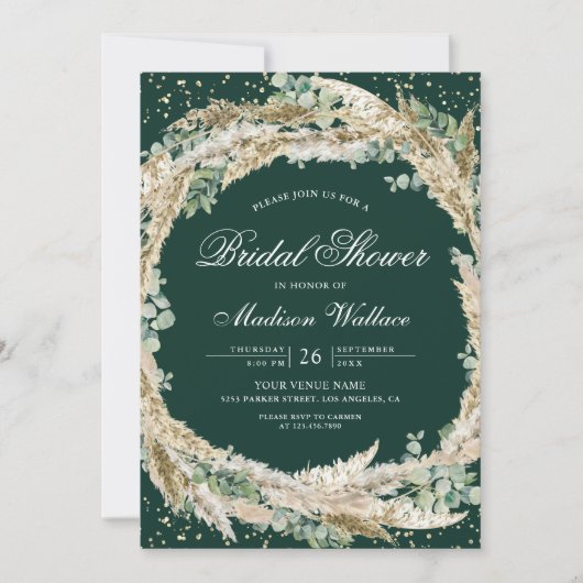 Pampas Eucalyptus Wreath Emerald Bridal Shower 招待状 (正面)