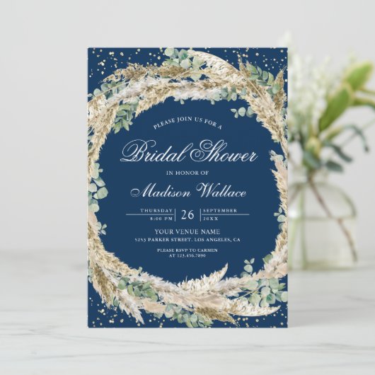 Pampas Eucalyptus Wreath Navy Blue Bridal Shower 招待状 (スタンド正面)