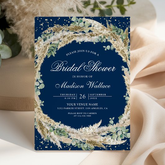 Pampas Eucalyptus Wreath Navy Blue Bridal Shower 招待状