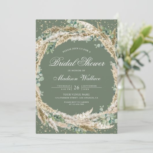 Pampas Eucalyptus Wreath Sage Green Bridal Shower 招待状 (スタンド正面)
