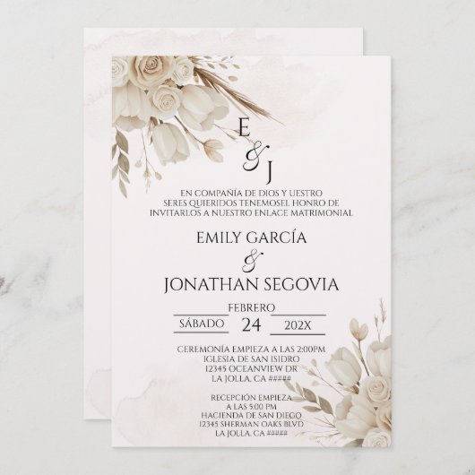 Pampas floral bouquet Spanish wedding  招待状 (正面/裏面)